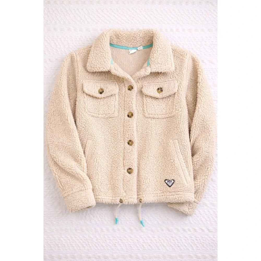 Roxy Girls‎ Sherpa Jacket Large 14 16 Cream Fleece Button Up Cozy